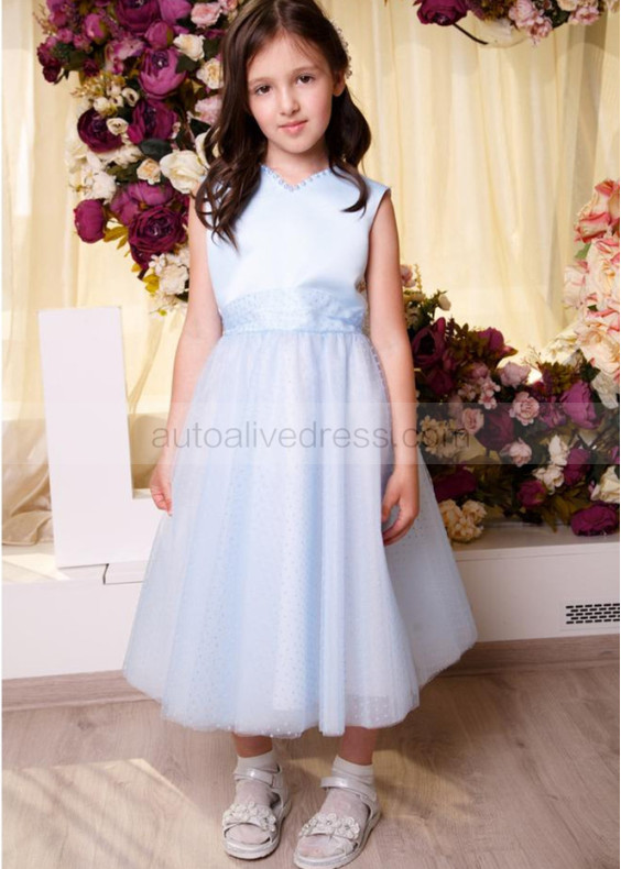 Pearl Neck Sky Blue Satin Polka Dot Tulle Flower Girl Dress